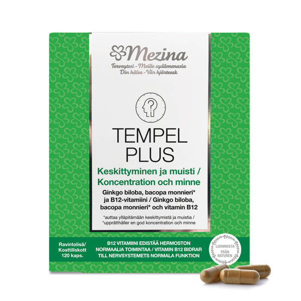 Mezina Tempel Plus - Ginkgo Biloba, Bacopa Monnieri ja B12-vitamiini Гинкго Билоба плюс вит В12 для укрепления сосудов,120 капсул Mezina Tempel Plus - Ginkgo Biloba, Bacopa Monnieri ja B12-vitamiini Гинкго Билоба плюс вит В12 для укрепления сосудов,120 капсул